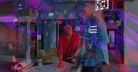 Architects analyzing blueprints with digital world map overlay