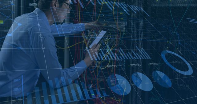 IT professional managing data center network servers with diagrams overlay - Download Free Stock Images Pikwizard.com