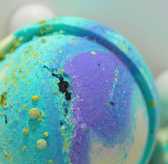 This image shows a close-up view of a brightly colored bath bomb with a mix of blue, purple, and green hues. It is perfect for use in promoting self-care products, spa treatments, skincare routines, and handmade bath products. The vibrant colors emphasize relaxation and luxury, appealing to audiences interested in wellness and aromatherapy benefits.