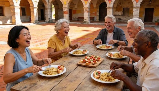 Multicultural seniors sharing spaghetti and bruschetta at rustic stone courtyard table