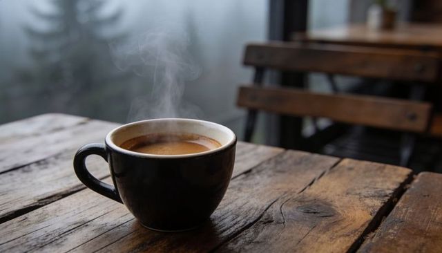 Steaming black coffee cup sitting on weathered wooden table at rustic cafe window