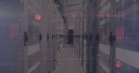 Futuristic server room hallway with technological overlay elements