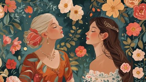 Elegant women in teal floral scene with gold jewelry and rich botanicals