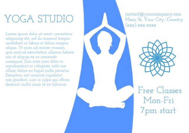 Flyer perfect for promoting yoga studios, wellness centers or fitness events. It offers free yoga classes, making it appealing for people interested in health and relaxation. The soothing design with a meditating silhouette encourages a peaceful atmosphere.