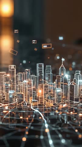 Powering holographic smart city model pulsing with data streams in vertical tech video