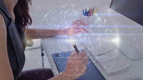 Innovative Woman Working on Scientific Digital Interface with Data Processing