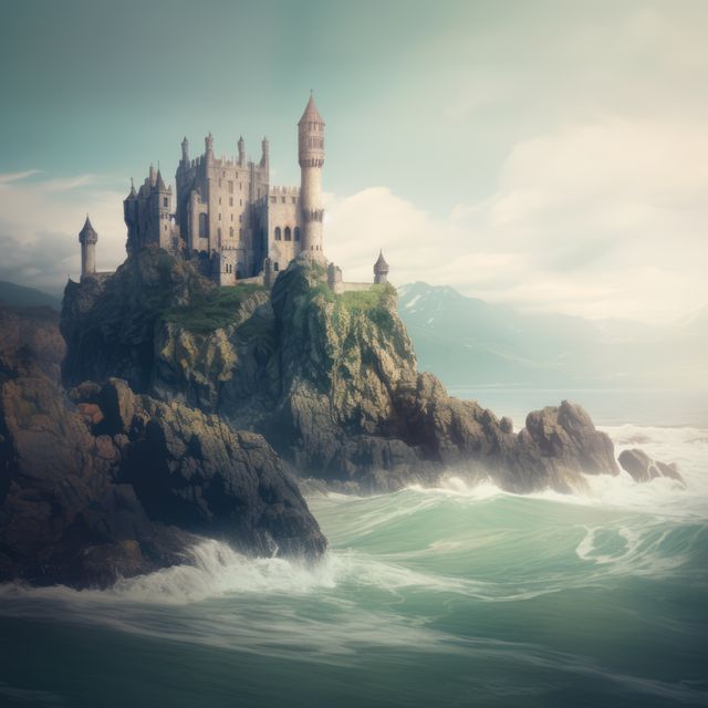 Celestial sky over castle on rocky and green island in sea, created using generative ai technology. Fairy tale, dream, mythology and historical fantasy concept digitally generated image.