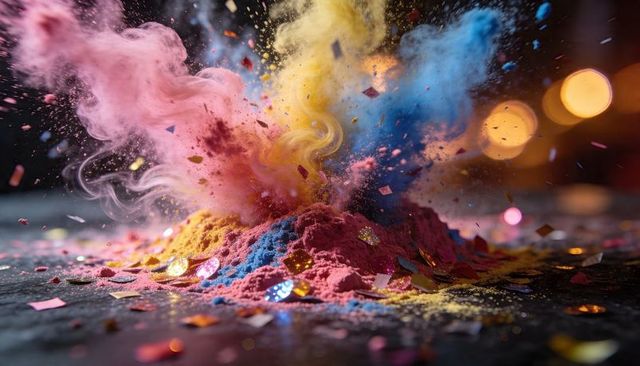 Exploding Color Powder Clouds with Metallic Confetti, Vibrant Pigment Burst and Warm Bokeh