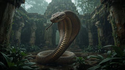 Majestic king cobra in overgrown ancient temple