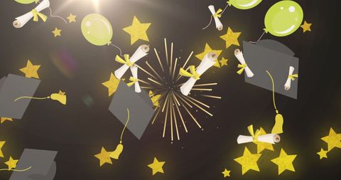 Graduation Ceremony Celebration with Floating Icons on Black Background