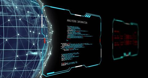Holographic Wireframe Globe HUD Analyzing Information for Cybersecurity Visualization