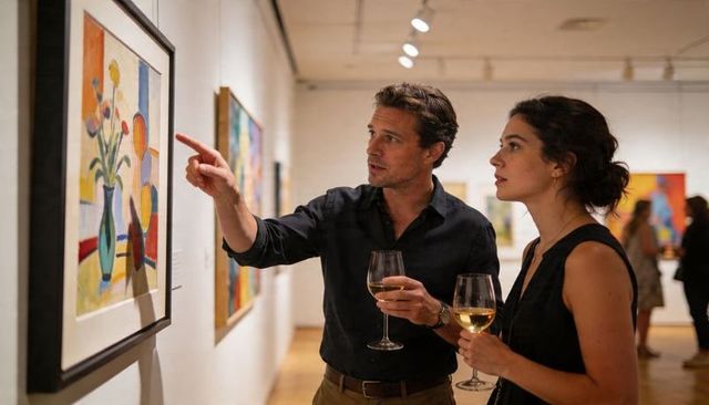 Couple pointing and examining framed artwork while holding wine glasses at gallery opening