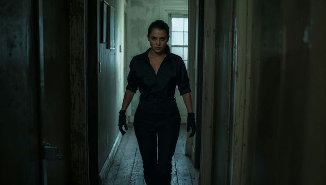Female operative walking dim narrow hallway wearing black tactical gear, backlit silhouette