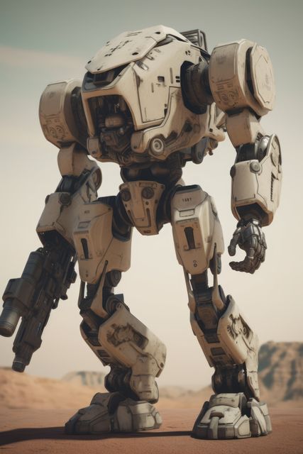White mecha giant robot over desert, created using generative ai technology. Mecha, science fiction and machines concept digitally generated image.