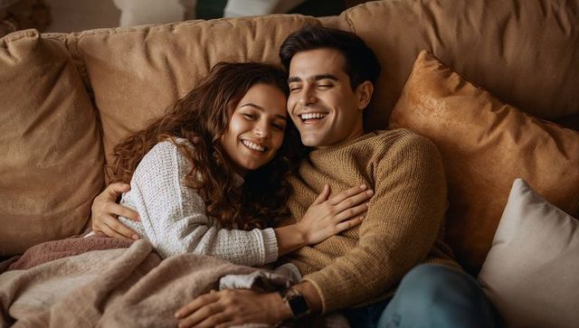 Couple cuddling on cozy beige sofa wearing knit sweaters and smiling in warm home interior
