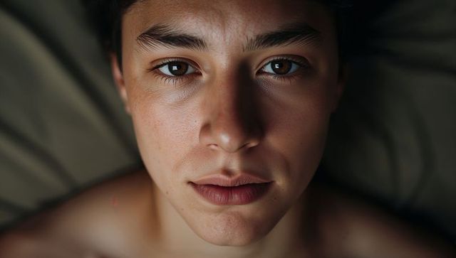 Closeup teenage male lying on bed making calm eye contact with soft diffuse lighting
