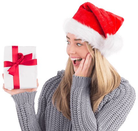 Excited Woman in Santa Hat Holding Christmas Gift Showing Joy