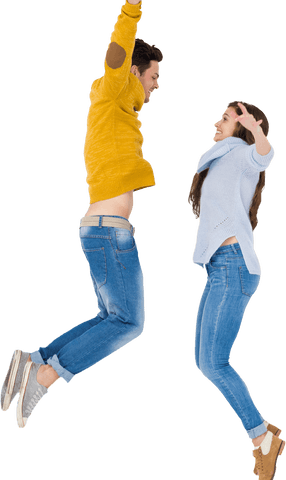 Transparent image of happy couple jumping mid-air together