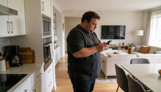 Man checking smartphone while standing in modern open kitchen and sunlit living room