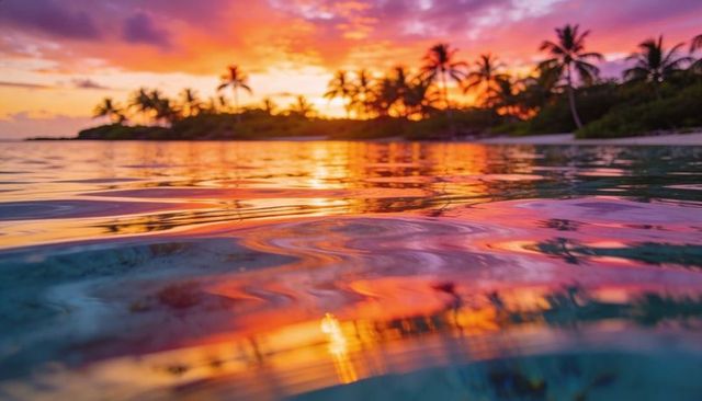 Vibrant tropical sunset reflecting on rippling shallow water with silhouetted palm trees