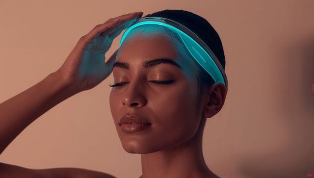 Female model wearing glowing cyan led headband for futuristic beauty portrait