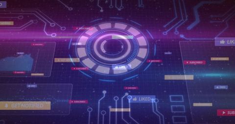 Futuristic neon hud interface with social engagement icons