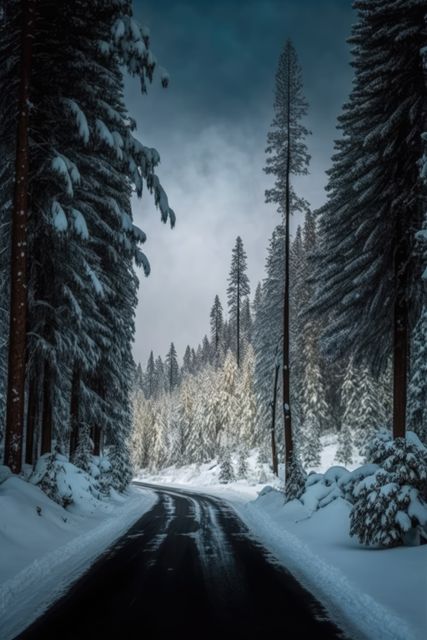 A calm winter road winding through a snow-covered forest featuring tall pine trees dusted with snow. Ideal for promoting winter travel destinations, adventure tourism, nature excursions, or seasonal greeting cards. The serene and tranquil atmosphere can also be used in blogs or websites focused on outdoor activities and winter hiking.