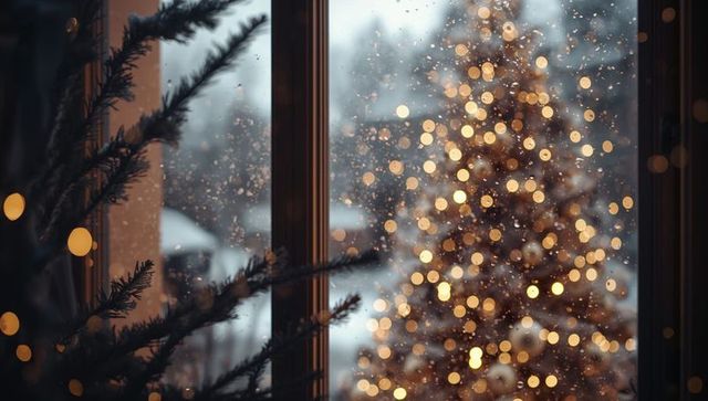 Magical Christmas Tree Illuminating Snowy Window Scene