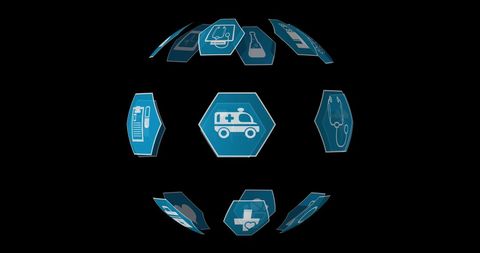 Rotating sphere of digital medical icons on black background