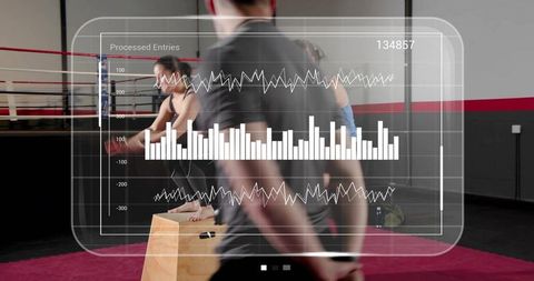 Athletes performing plyo box jumps with performance data overlay for fitness tracking