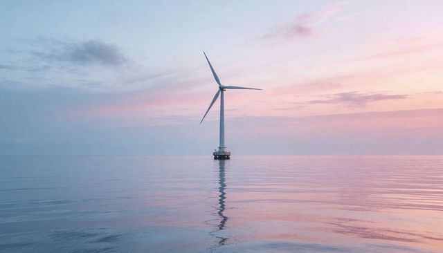 Offshore Wind Turbine Reflecting on Calm Pastel Sea at Dawn, Minimalist Renewable Energy