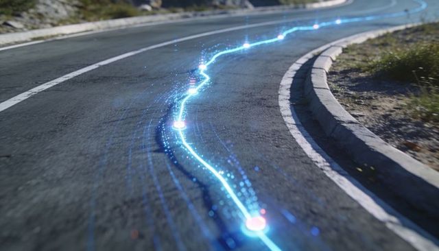 Neon blue energy trail guiding autonomous route along curved rural road with light nodes