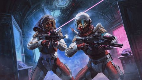 Dual operatives advancing through spacecraft corridor firing rifles beneath pink laser beam