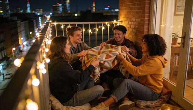 Friends chatting on city balcony at night under string lights holding cozy blanket