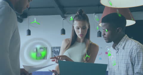 Diverse Team Collaborating with Eco Technology Interface