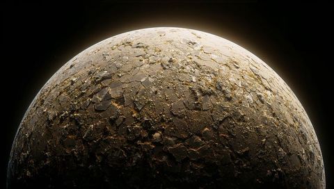 Cracked metallic planet reflecting rim light with gold highlights and textured fissures