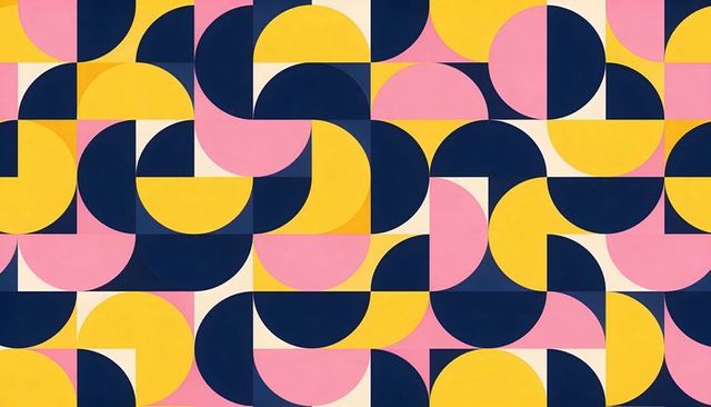 Retro Geometric Semicircle Tessellation Pattern in Navy Yellow Pink Cream Seamless Repeat