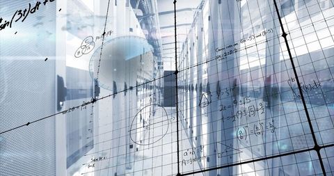 Futuristic Data Center with Math and Grid Overlay