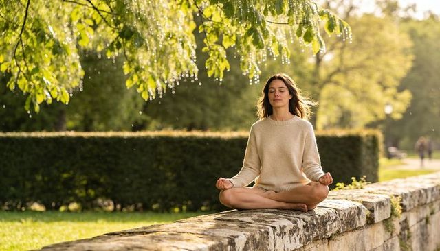 Sunlit morning meditation on stone wall under dewy branches, woman practicing mindfulness