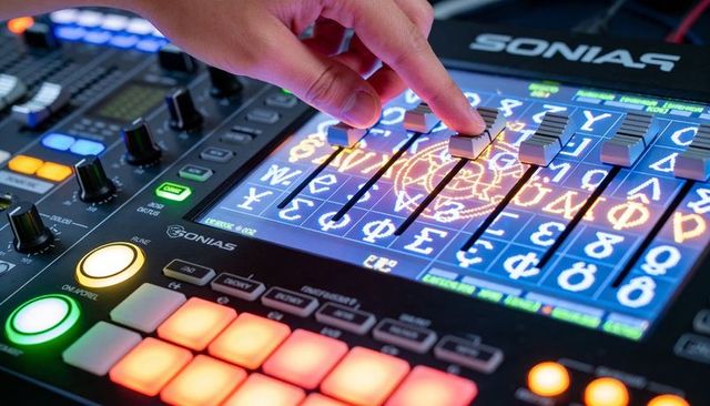 Hand Adjusting Motorized Faders on Vibrant RGB Touchscreen Mixing Console Live Production
