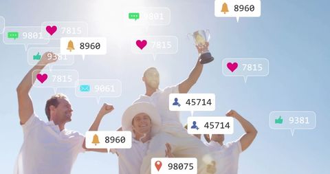 Cricket Players Celebrating with Rising Social Media Interactions