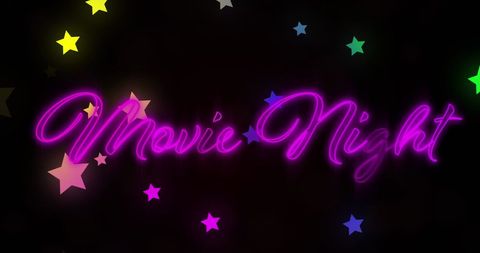 Neon Movie Night Sign with Moving Stars on Black Background
