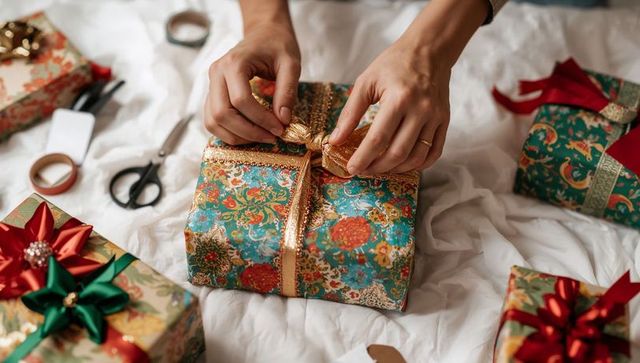 Hands tying metallic gold ribbon on ornate teal floral gift, elegant holiday wrapping