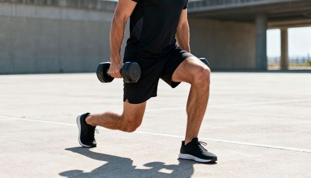 Male athlete performing dumbbell lunges outdoors on concrete, building leg strength and balance
