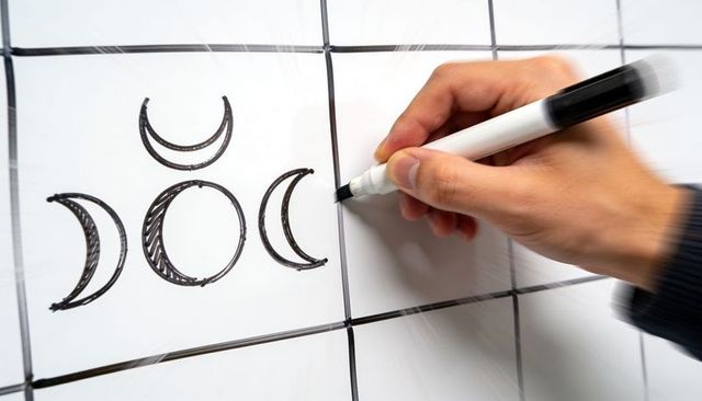 Hand drawing moon phases on grid whiteboard with dry erase marker