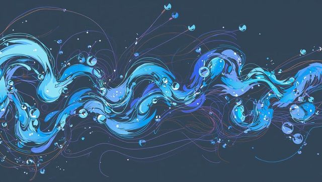 Sinuous blue liquid ribbon with bubbles and filaments flowing across dark slate