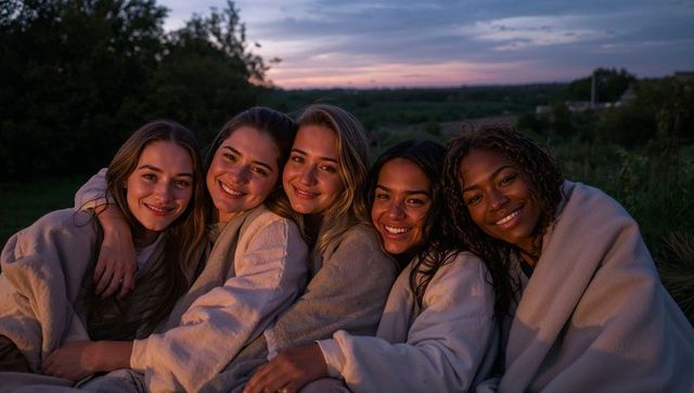 Five friends cuddling under blankets at twilight in meadow, cozy outdoor bonding