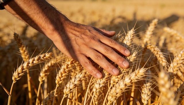 Hand and forearm gliding through golden wheat heads at late afternoon harvest light