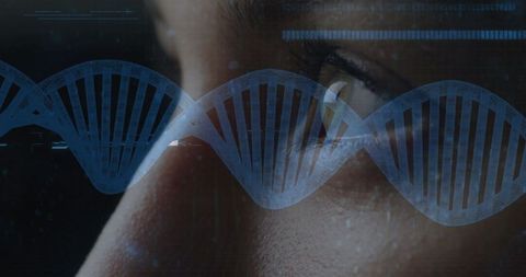Close-up Female Eye with Digital Double Helix Overlay