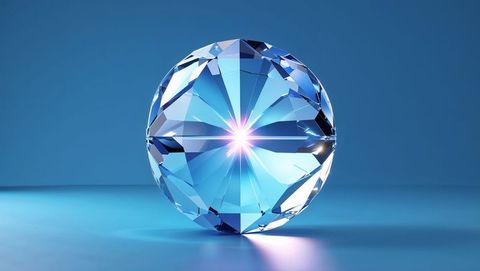 Faceted crystal sphere with central light burst on blue background